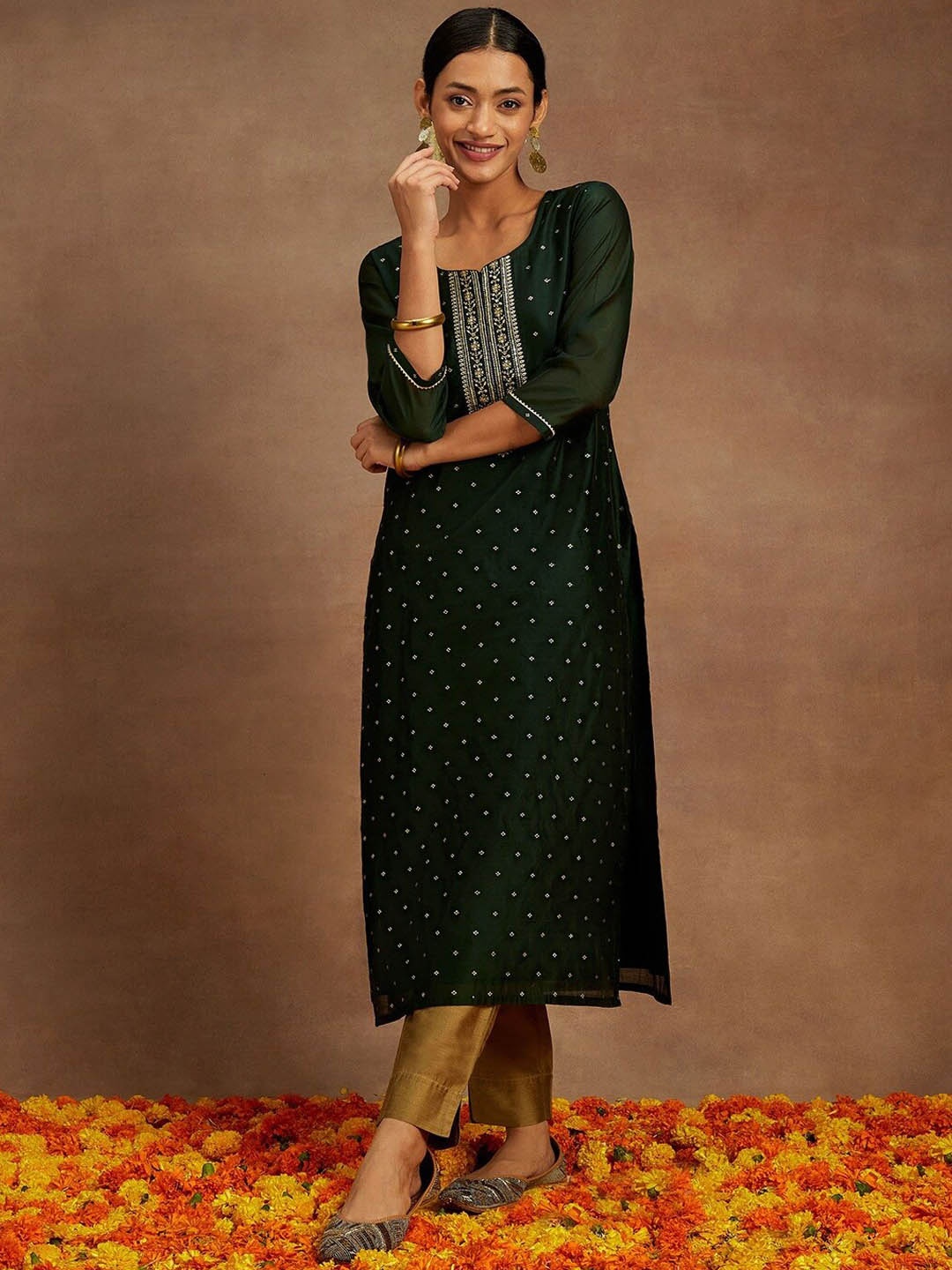 

Libas Ethnic Motifs Woven Design Thread Work Detail Chanderi Silk Straight Kurta, Green