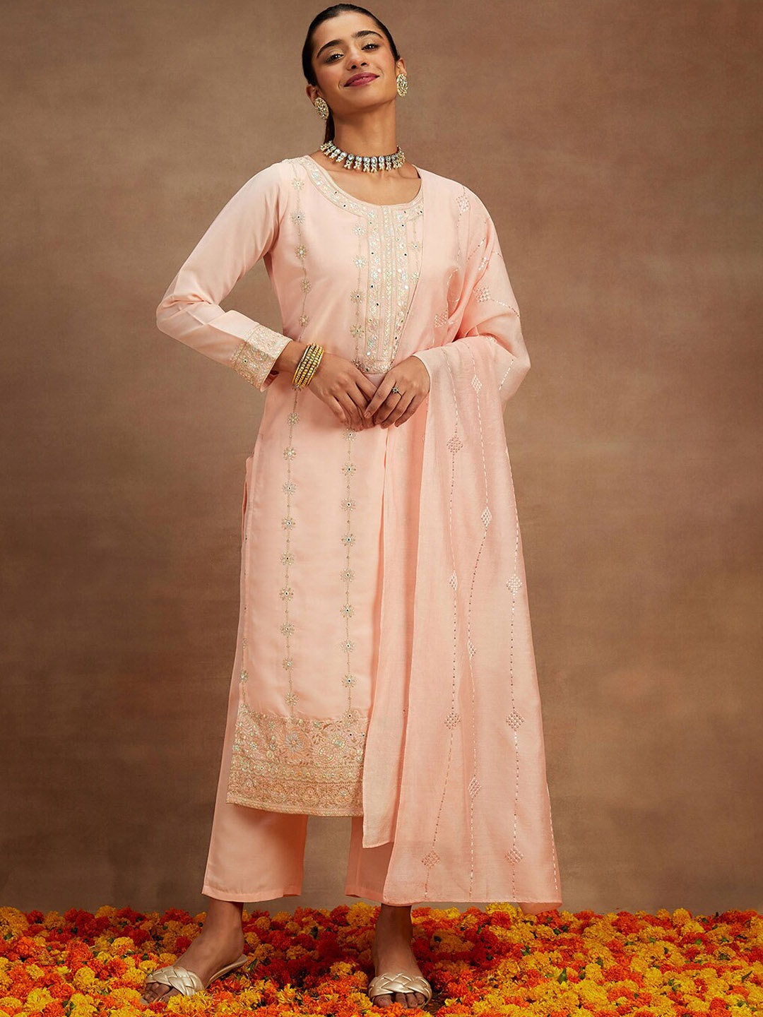 

Libas Floral Embroidered Thread Work Pure Silk Kurta With Trousers & Dupatta, Peach