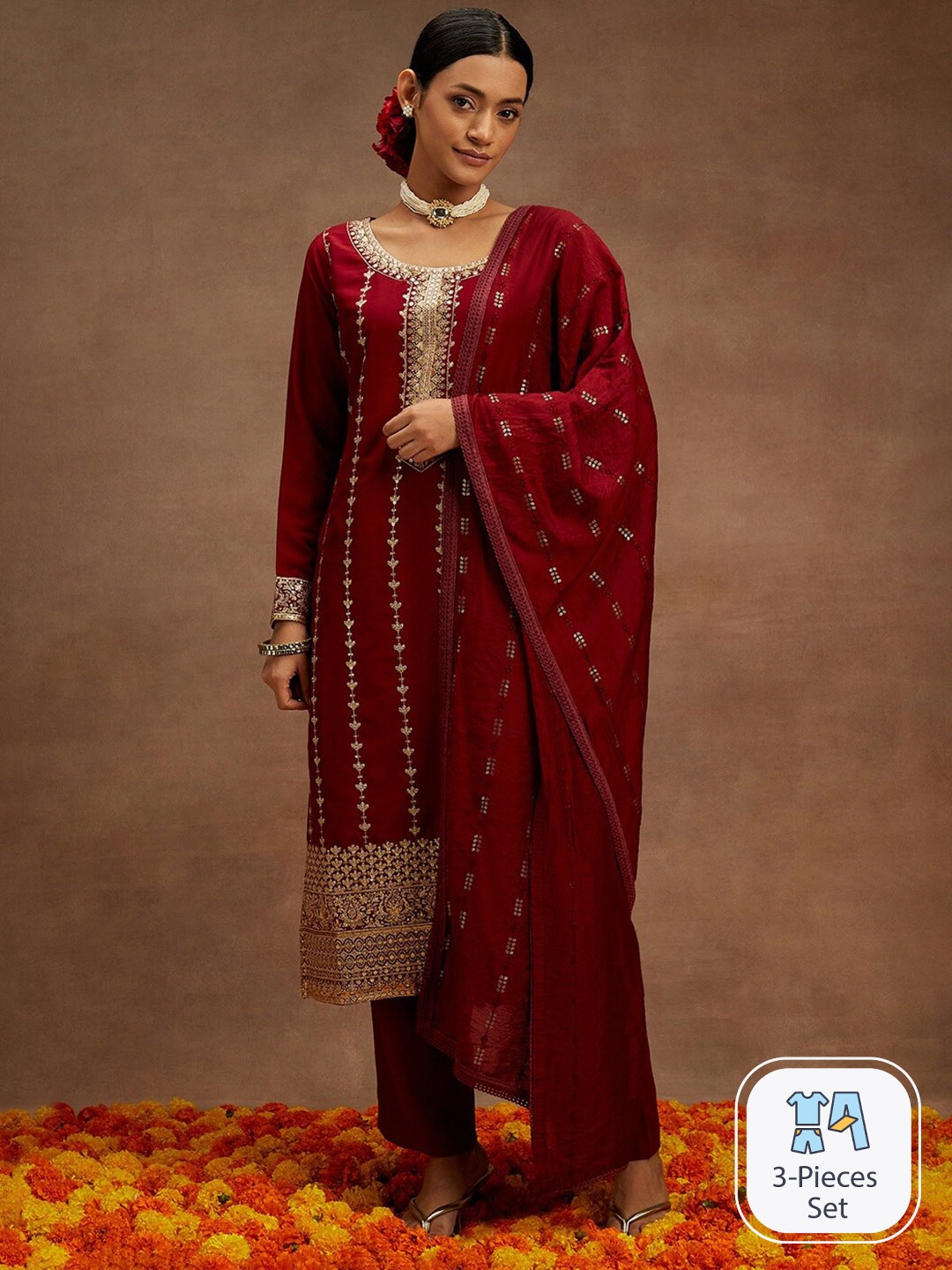 

Libas Floral Embroidered Thread Work Pure Silk Kurta With Trousers & Dupatta, Maroon