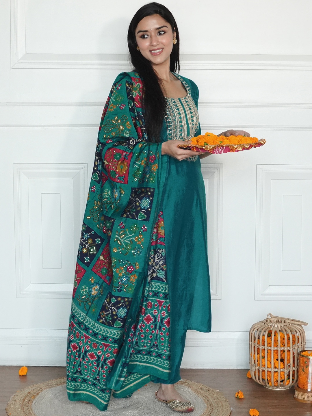 

Libas Floral Yoke Design Thread Work Kurta With Trousers & Dupatta, Green