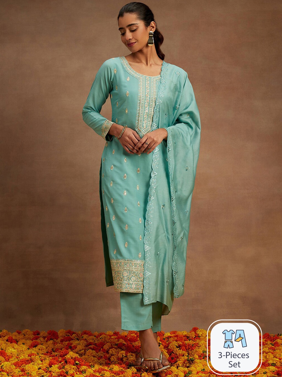 

Libas Ethnic Motifs Embroidered Pure Silk Straight Kurta With Trousers & Dupatta, Sea green