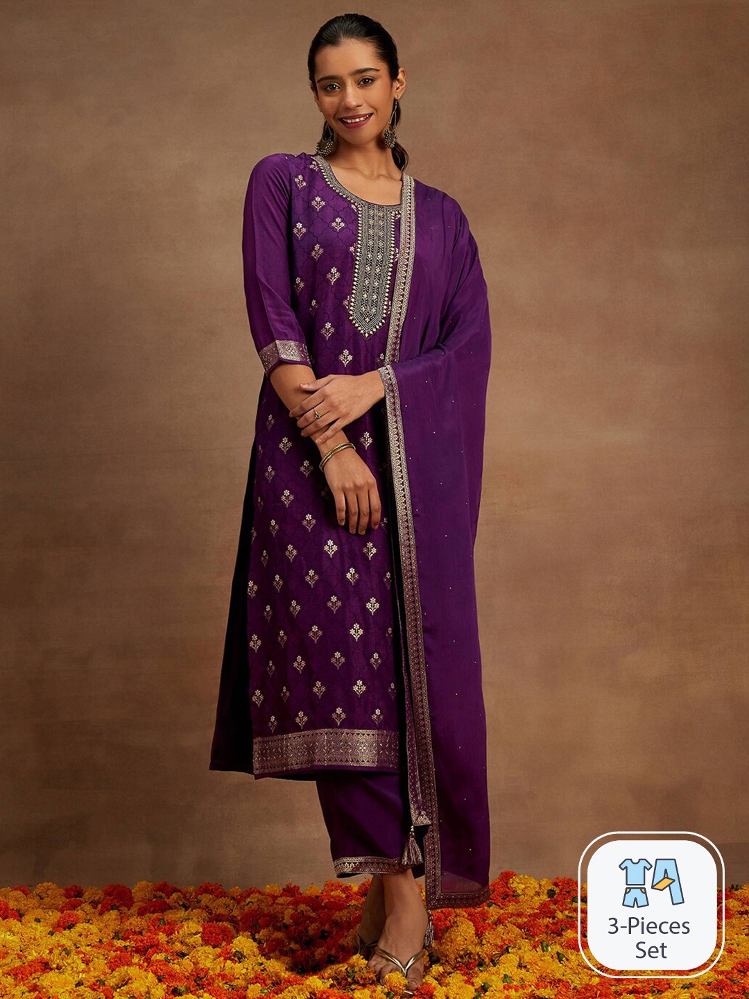 

Libas Purple Floral Embroidered Regular Kurta & Trousers With Dupatta