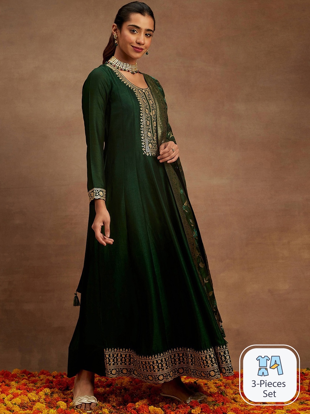 

Libas Green Floral Embroidered Panelled Sequinned Kurta with Trousers & With Dupatta