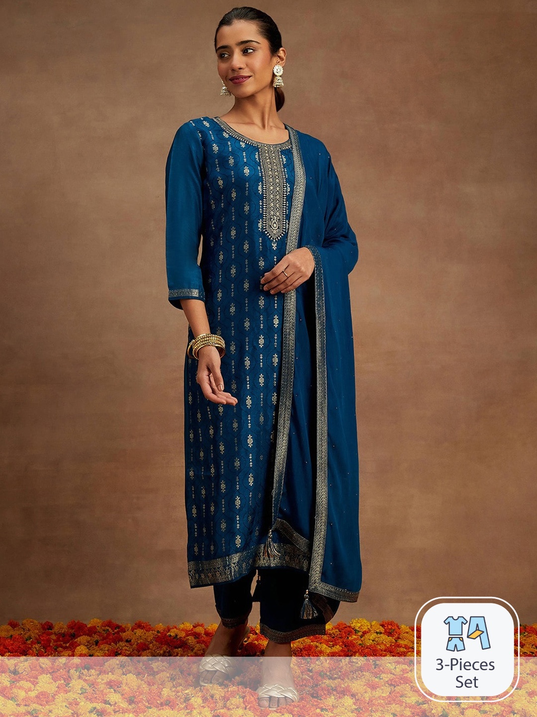 

Libas Teal Ethnic Motifs Embroidered Kurta with Trousers & With Dupatta