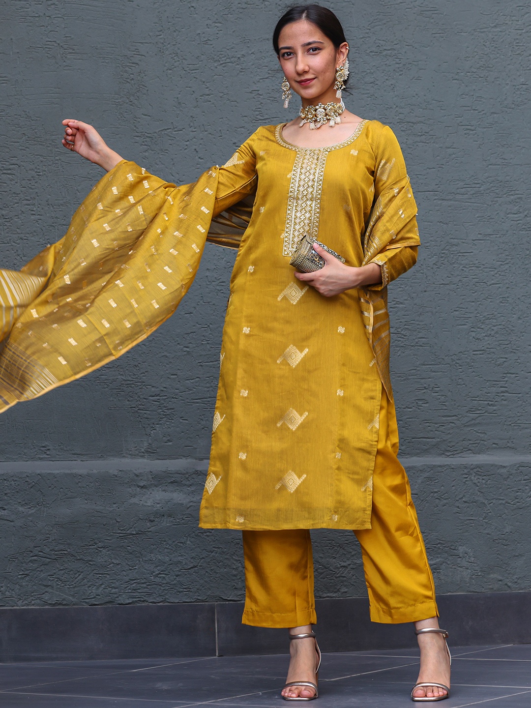 

Libas Mustard Yellow Ethnic Motifs Embroidered Chanderi Silk Kurta & Trousers With Dupatta