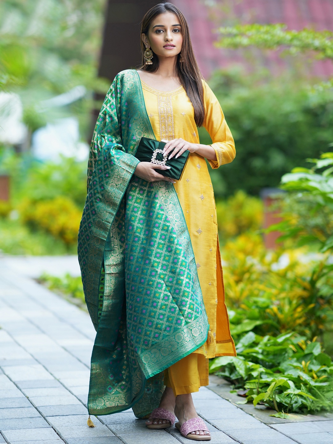 

Libas Yellow Embroidered Thread Work Kurta with Trousers & With Dupatta