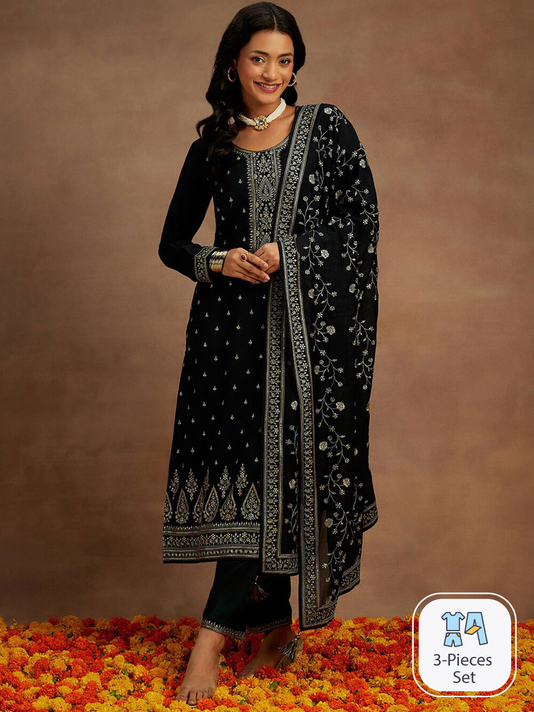 

Libas Black Embroidered Thread Work Kurta with Trousers & With Dupatta