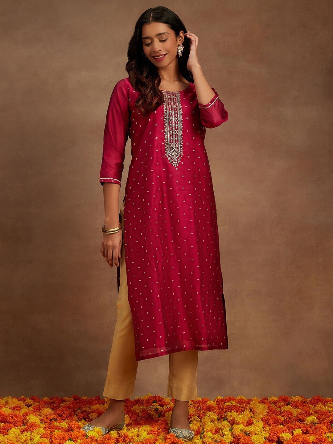 

Libas Ethnic Motifs Woven Design Thread Work Detail Chanderi Silk Straight Kurta, Fuchsia