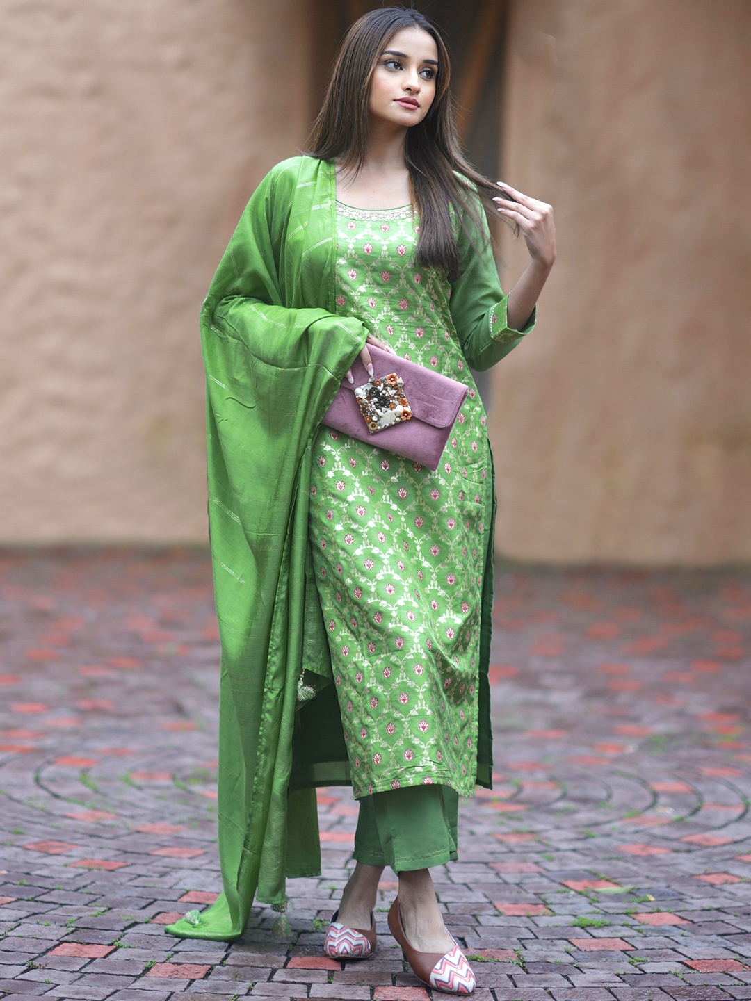 

Libas Green Ethnic Motifs Woven Design Kurta with Trousers & With Dupatta