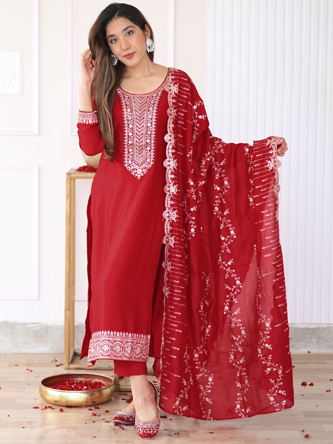 

Libas Pink Ethnic Motifs Yoke Design Sequinned Kurta with Trousers & With Dupatta