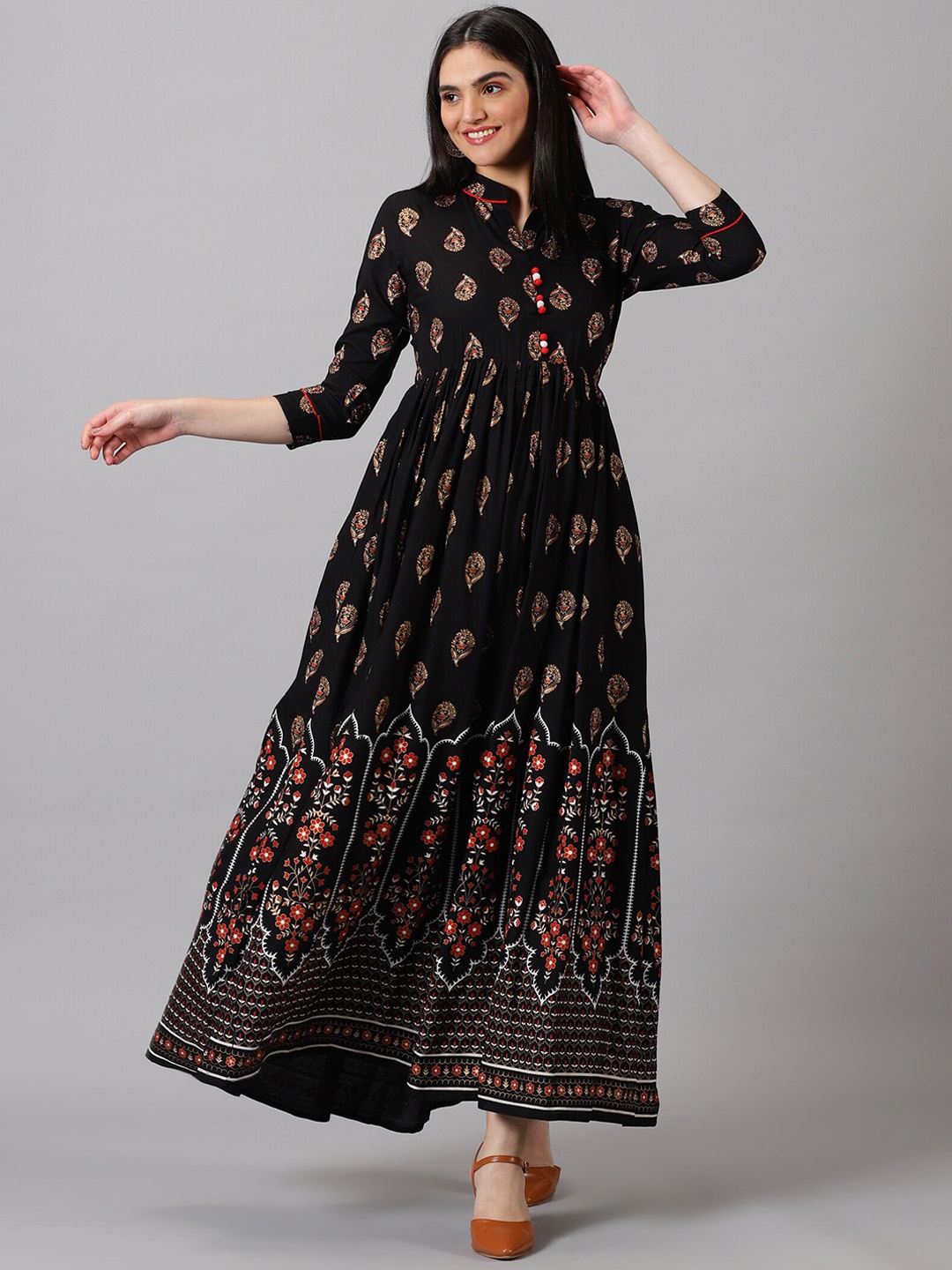 

PURSHOTTAM WALA Ethnic Motifs Printed Maxi Ethnic Dress, Black