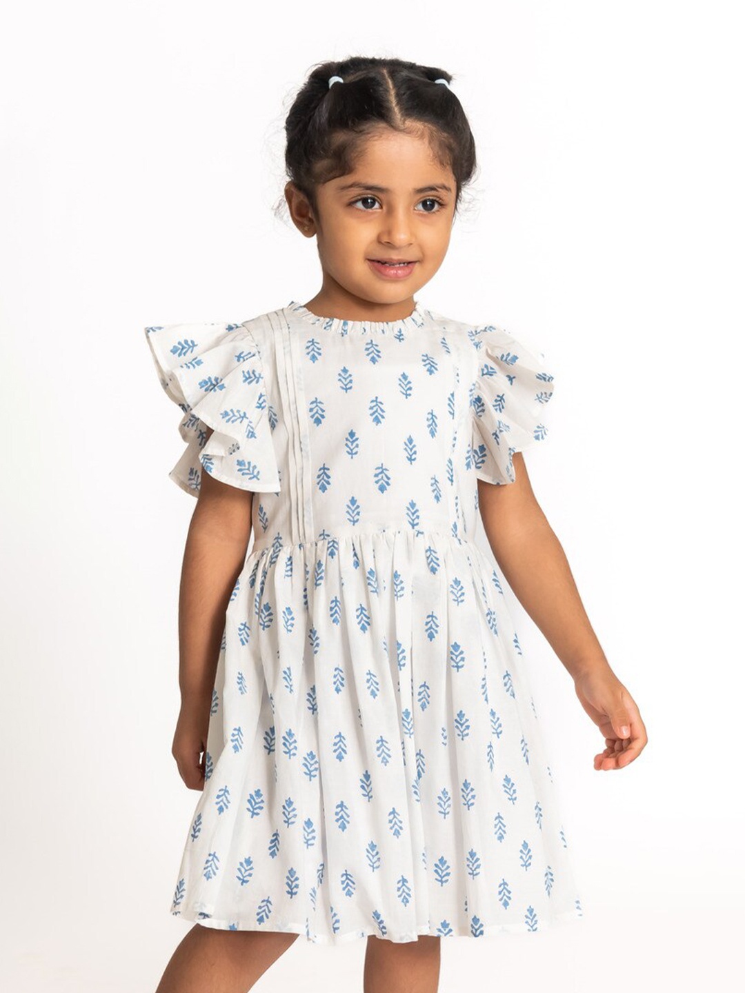 

A Little Fable Girls Floral Printed Flutter Sleeves Cotton Fit & Flare Dress, White