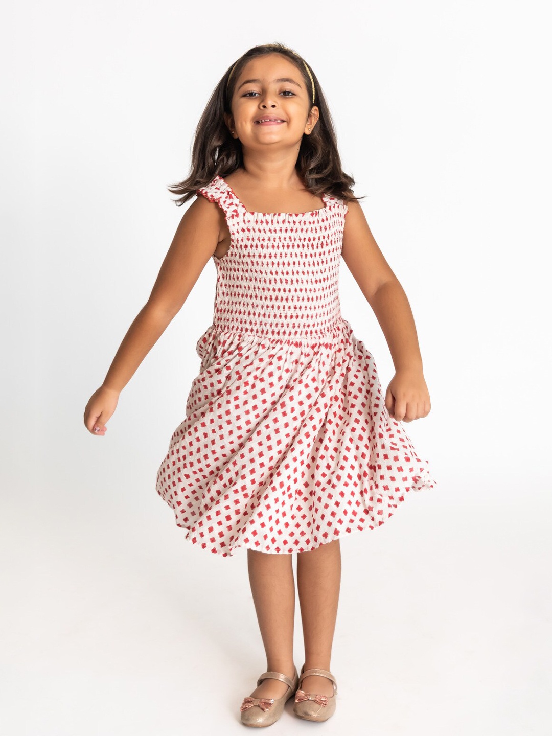 

A Little Fable Girls Polka Dots Printed Smocked Detail Cotton Fit & Flare Dress, White