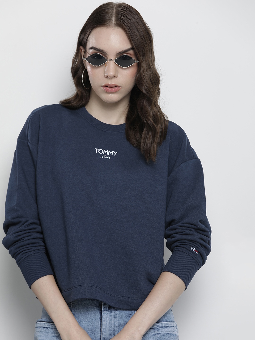 

Tommy Hilfiger Brand Logo Printed Drop Shoulder Sleeves Sweatshirt, Navy blue