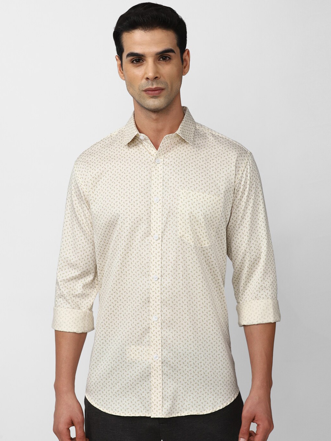

V Dot Micro Ditsy Printed Slim Fit Pure Cotton Casual Shirt, Beige