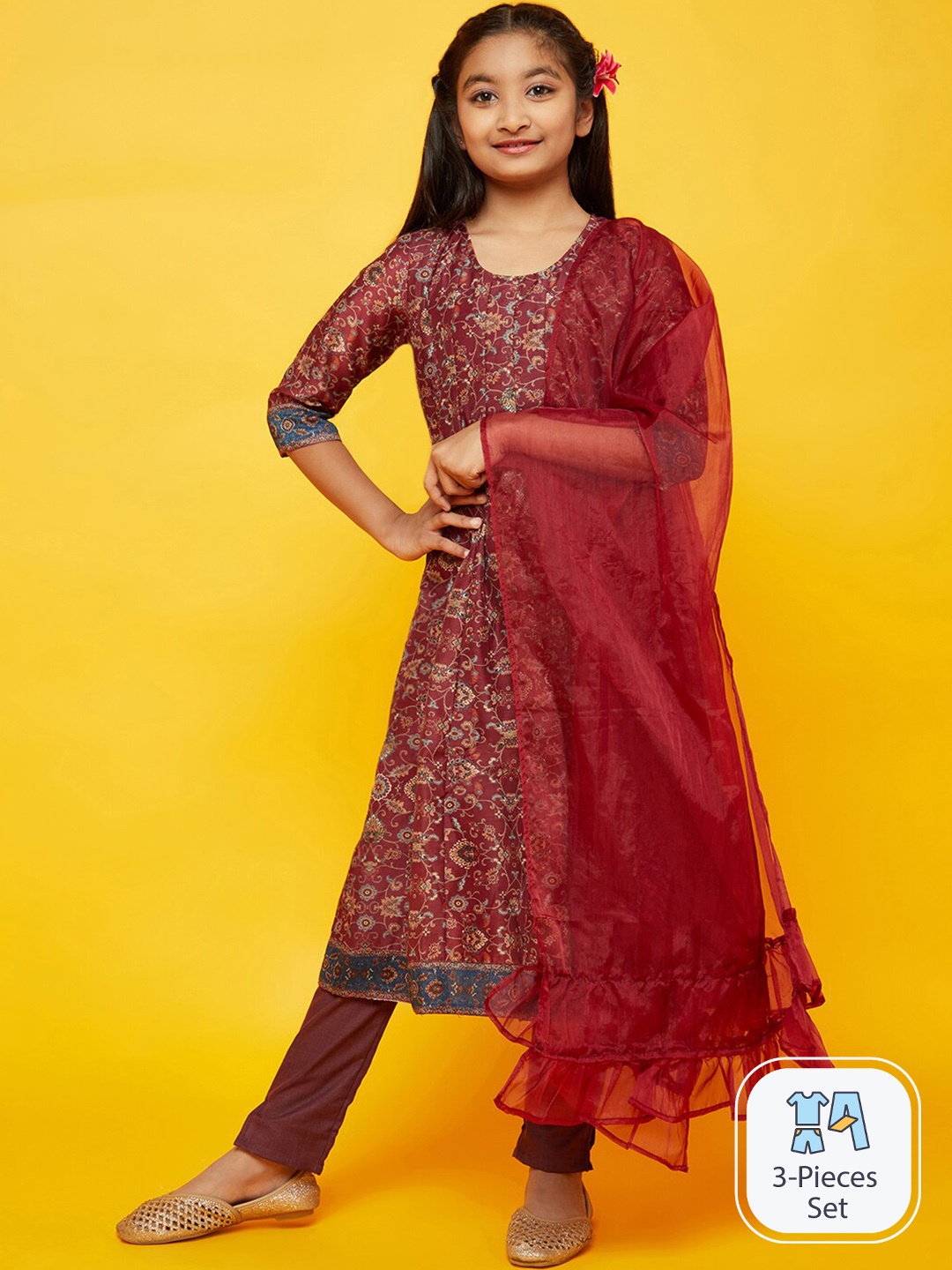 

Aks Kids Girls Floral Printed Regular Anarkali Kurta & Trousers With Dupatta, Burgundy