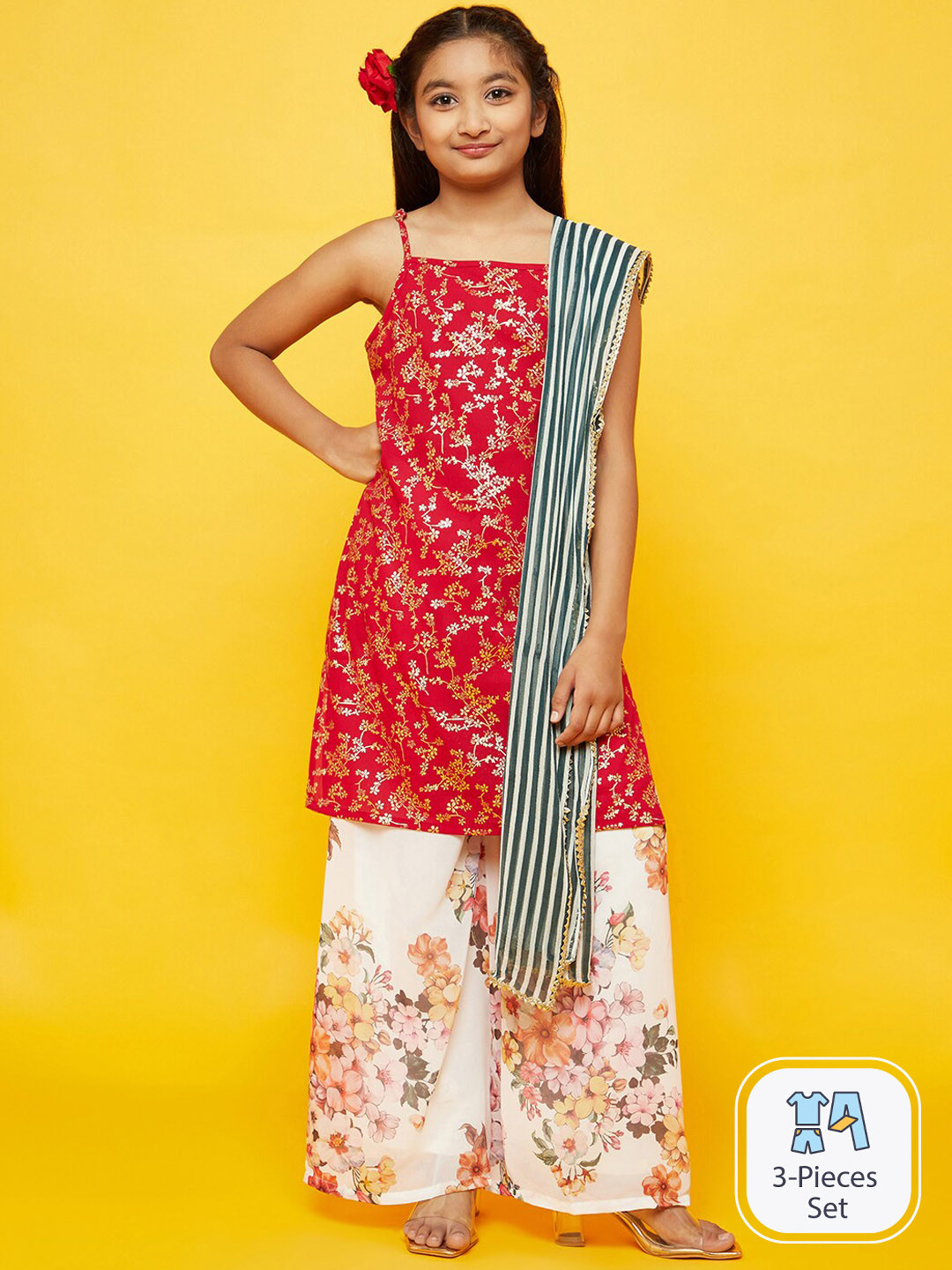 

Aks Kids Girls Floral Printed Regular Georgette Kurta & Sharara With Dupatta, Red