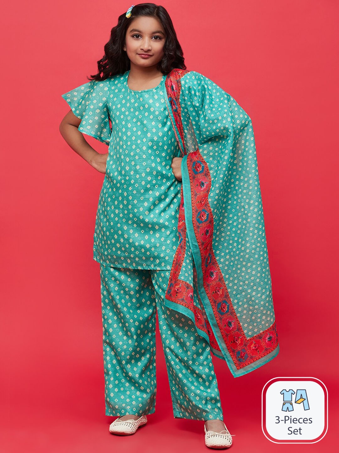 

Aks Kids Girls Bandhani Printed Regular Kurta with Palazzos & With Dupatta, Green