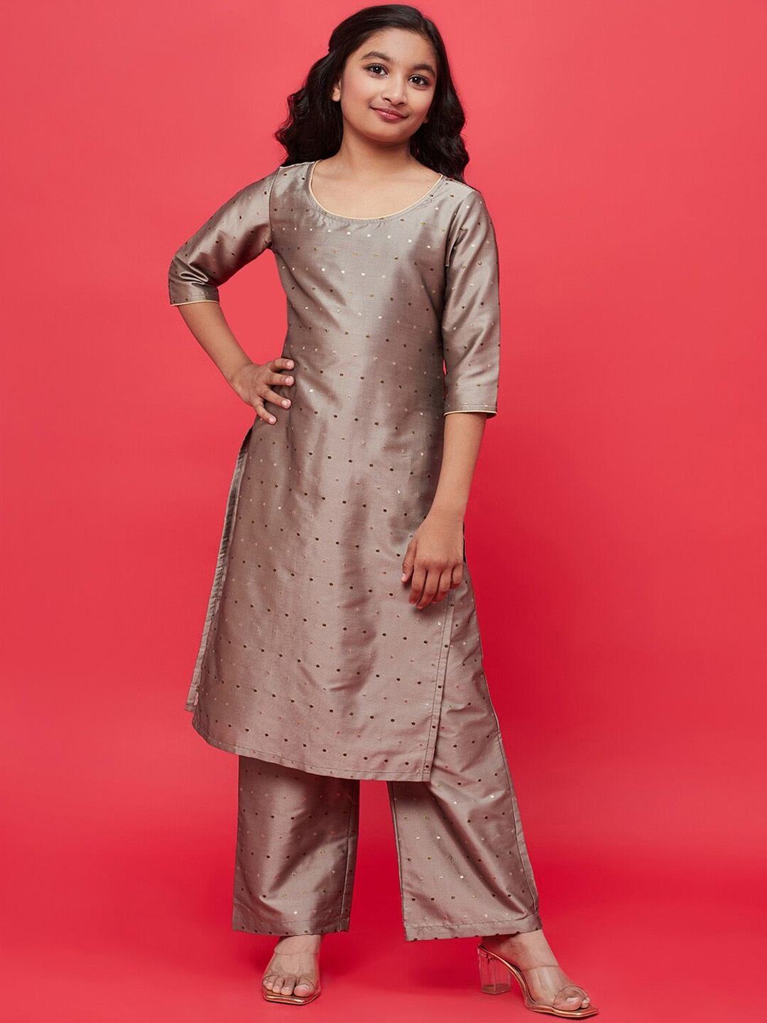 

Aks Kids Girls Ethnic Motif Woven Design Regular Kurta With Palazzos, Grey