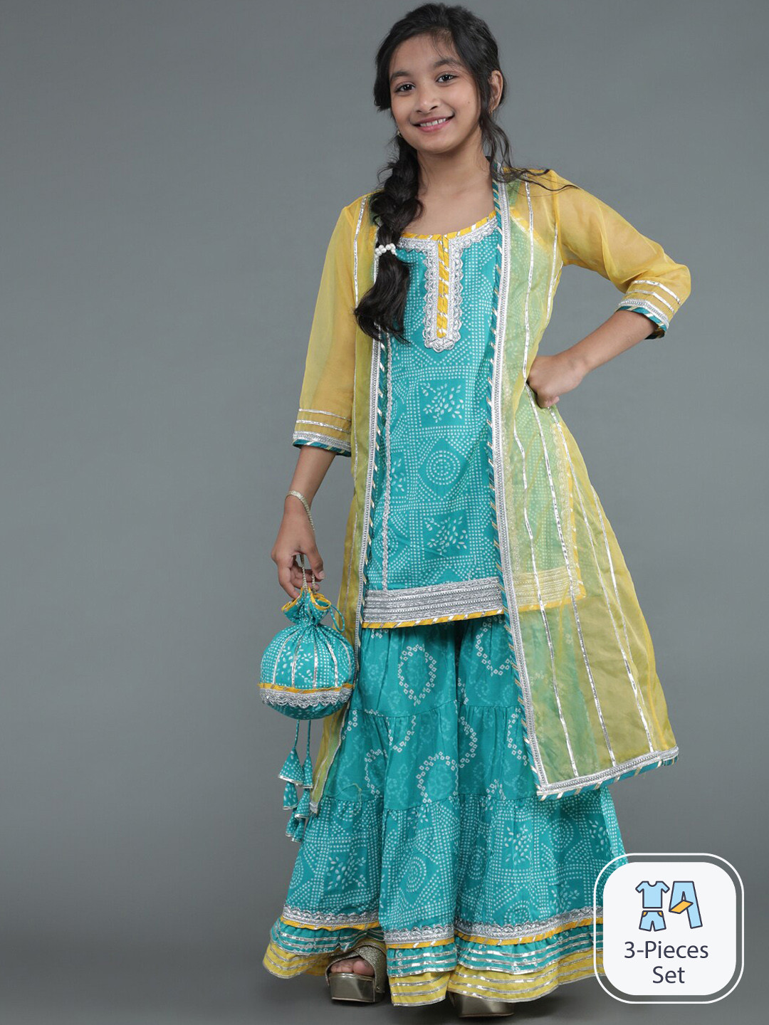

Aks Kids Girls Ethnic Motif Printed Pure Cotton Kurta Sharara & Jacket With Potli Bag, Turquoise blue