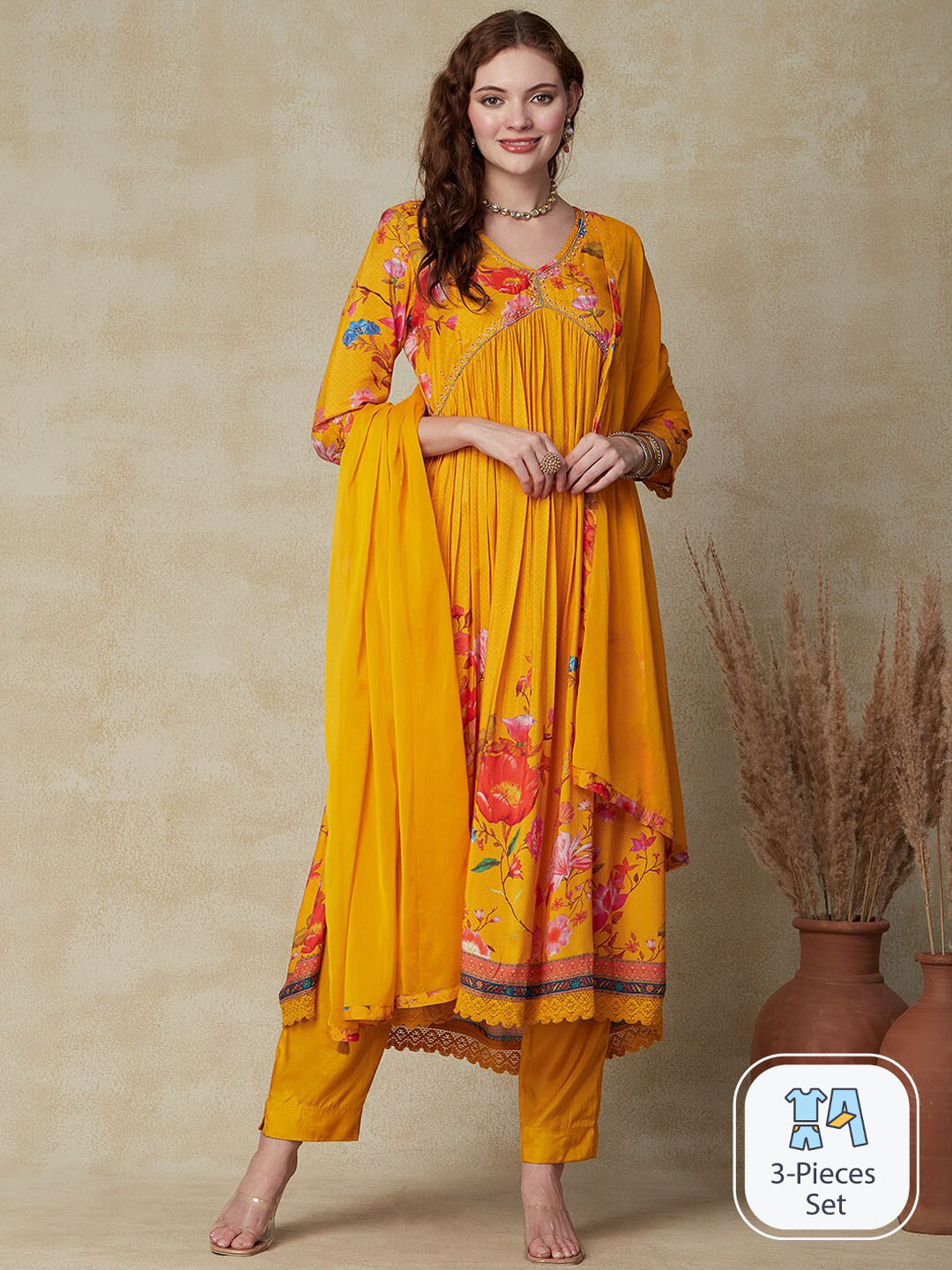 

FASHOR Yellow Floral Printed Empire Beads and Stones Kurta with Trousers & Dupatta