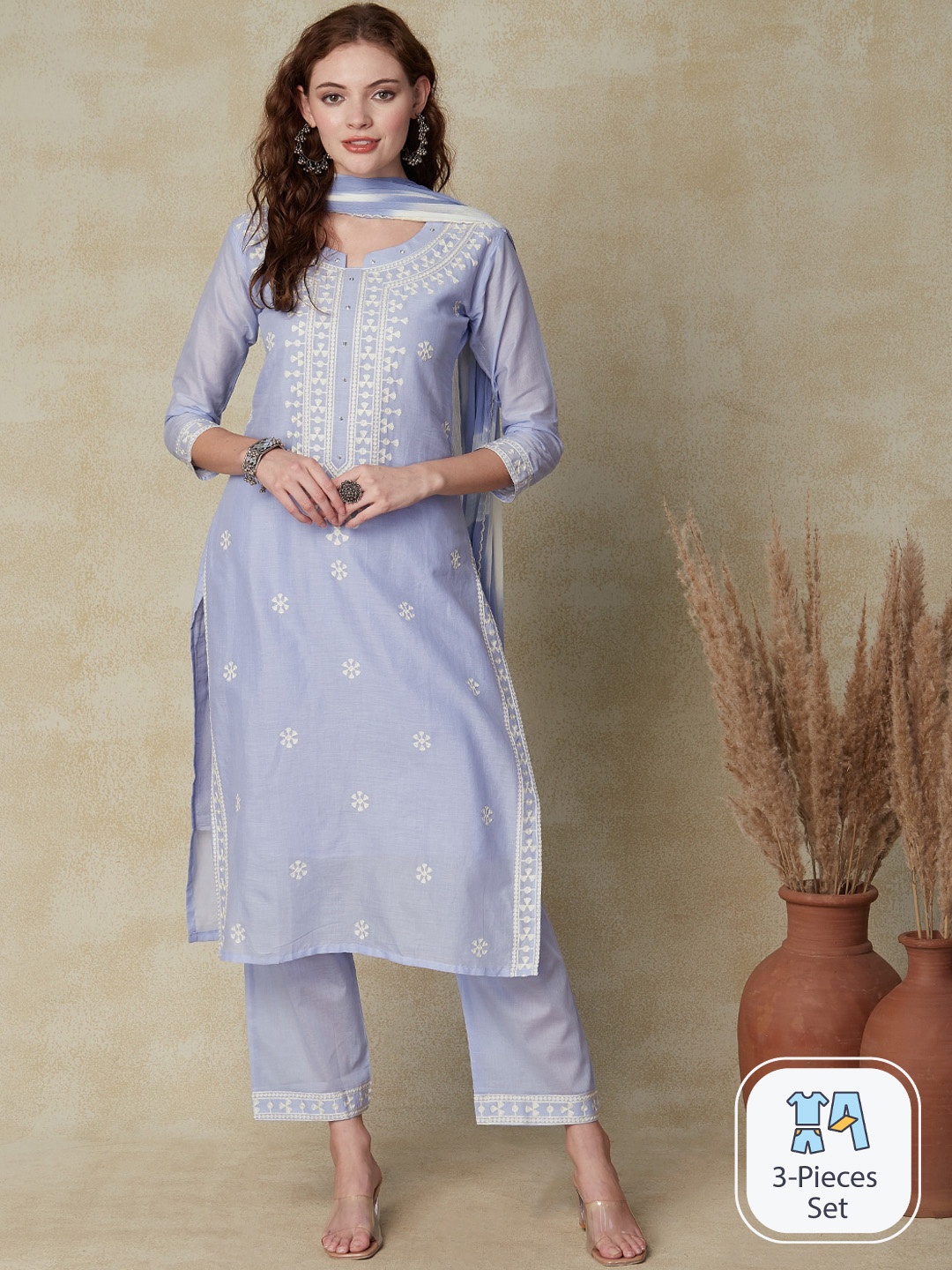 

FASHOR Lavender Ethnic Motifs Embroidered Pure Cotton Kurta with Trousers & Dupatta