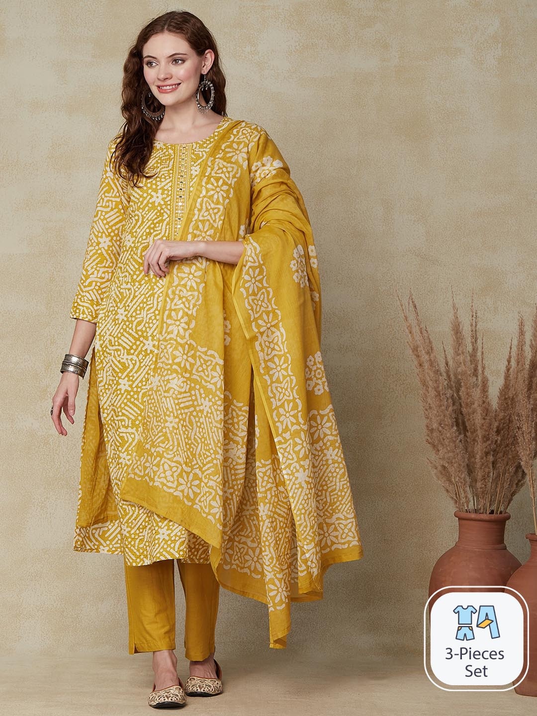 

FASHOR Floral Printed Mirror Work Pure Cotton Kurta With Trousers & Dupatta, Mustard
