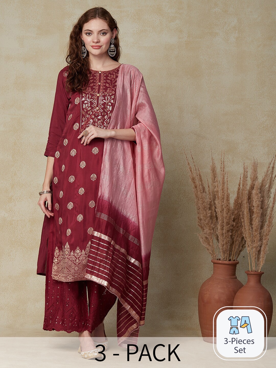 

FASHOR Ethnic Motifs Woven Design Zari Kurta With Palazzos & Dupatta, Maroon