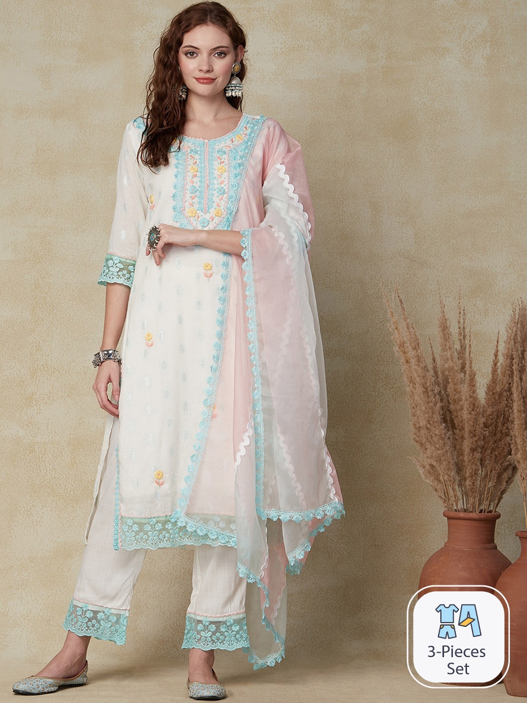 

FASHOR Floral Embroidered Thread Work Pure Cotton Kurta With Trousers & Dupatta, Off white