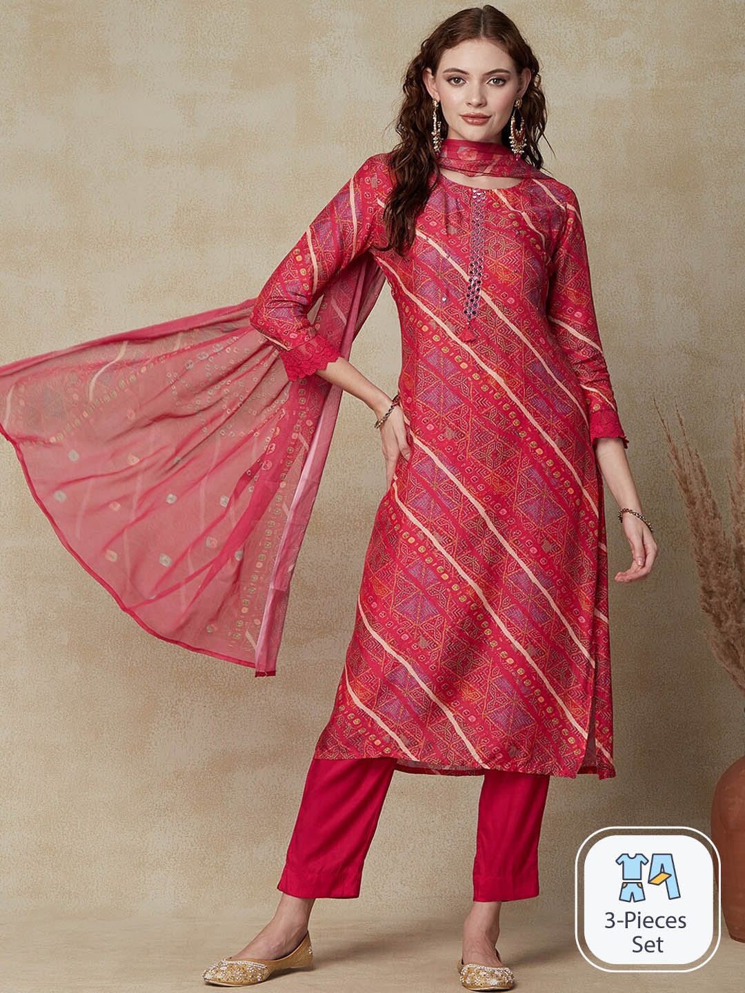 

FASHOR Magenta Ethnic Motifs Printed Mirror Work Kurta with Trousers & With Dupatta