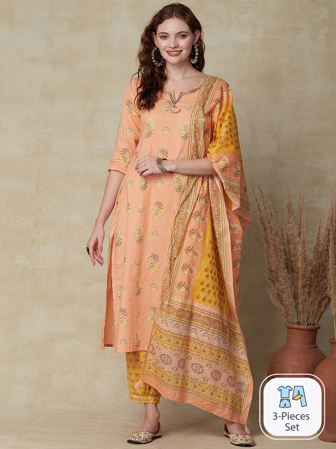 

FASHOR Peach-Coloured Floral Printed Regular Pure Cotton Kurta with Salwar & Dupatta