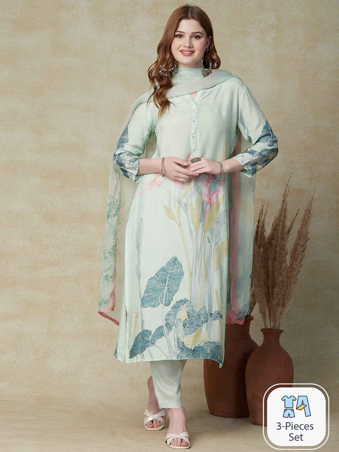 

FASHOR Floral Printed Kurta With Trousers & Dupatta, Green