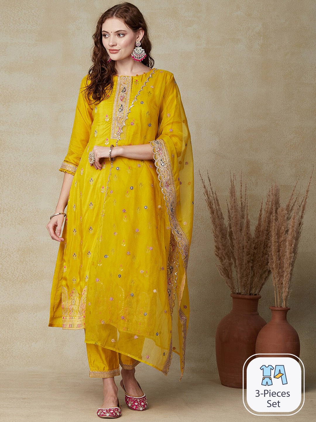 

FASHOR Floral Embroidered Thread Work Kurta With Trousers & Dupatta, Yellow