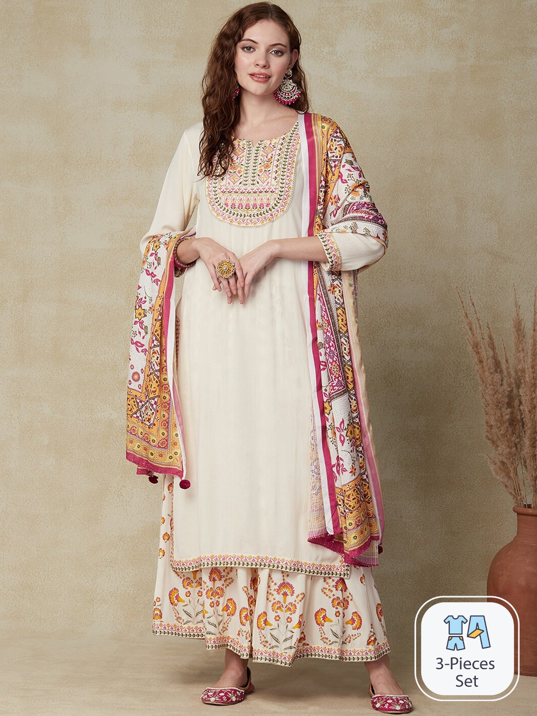

FASHOR Cream-Coloured Floral Yoke Design Thread Work Kurta with Palazzos & Dupatta
