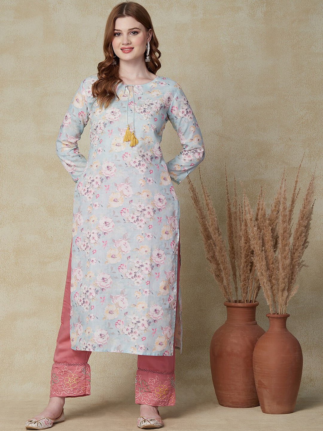 

FASHOR Blue Floral Printed Pure Cotton Mirror Work Tie-Up Neck Straight Kurta