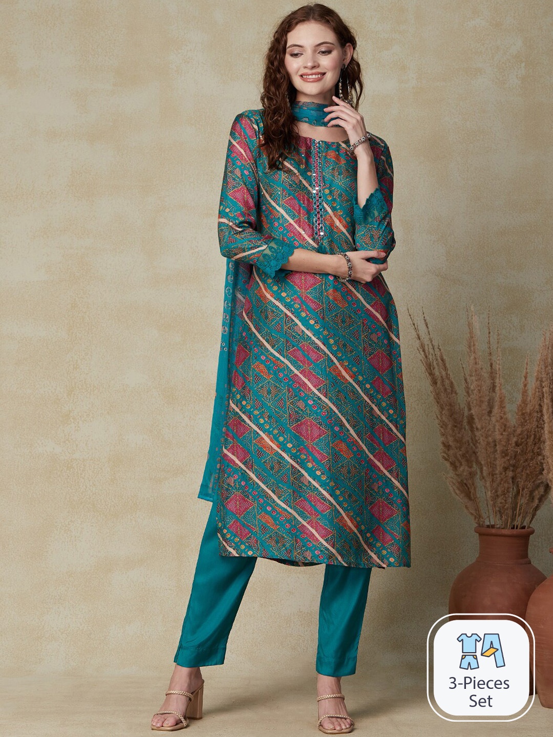 

FASHOR Ethnic Motifs Printed Mirror Work Kurta With Trousers & Dupatta, Green