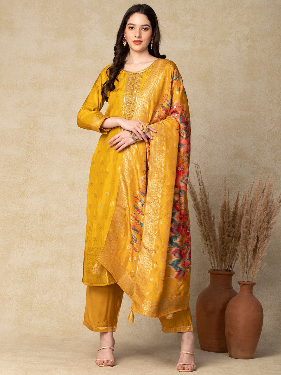 

FASHOR Mustard Yellow Zari Regular Jacquard Kurta with Trousers & Dupatta