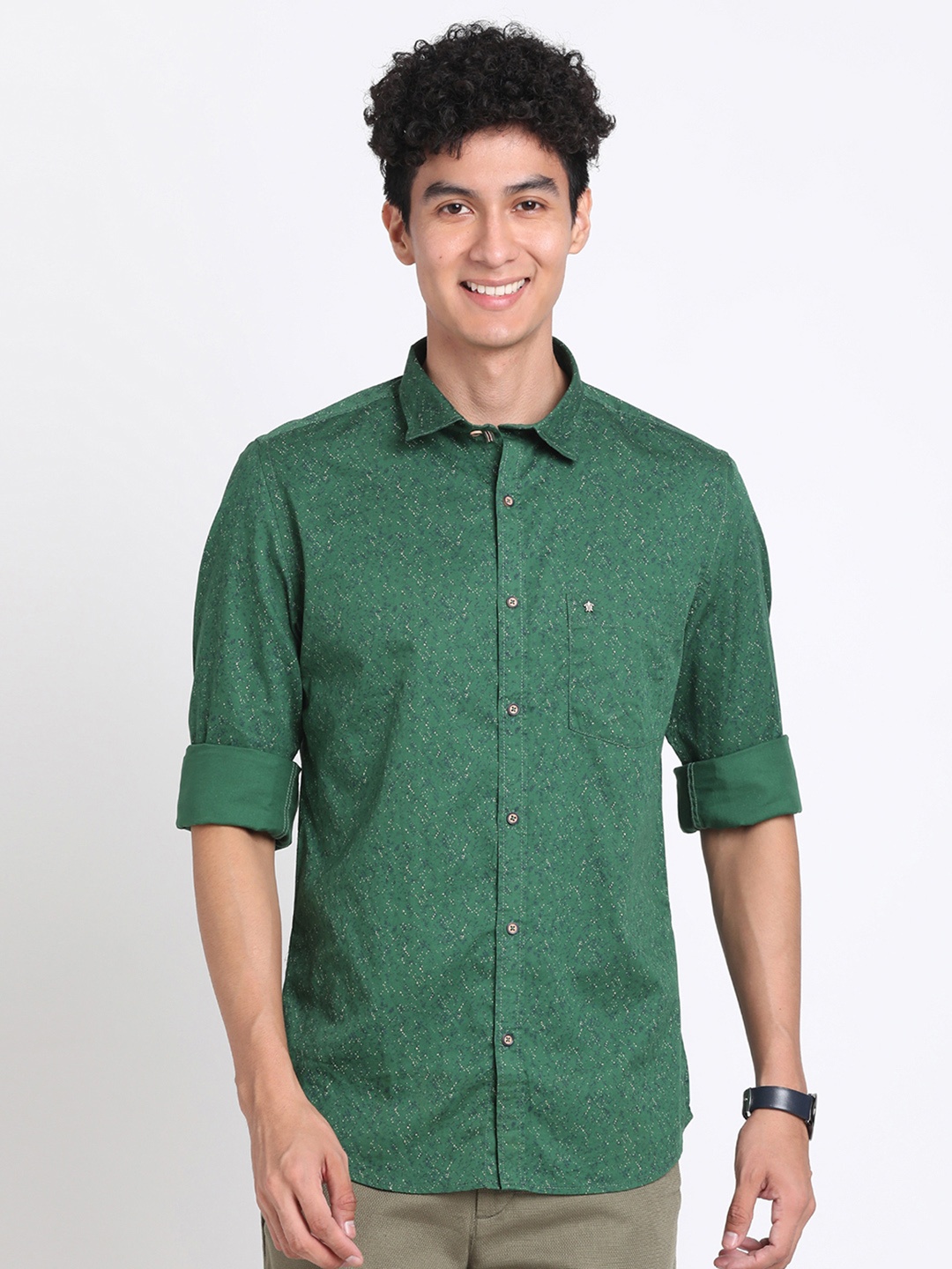 

Turtle Relaxed Micro Ditsy Printed Slim Fit Cotton Casual Shirt, Green