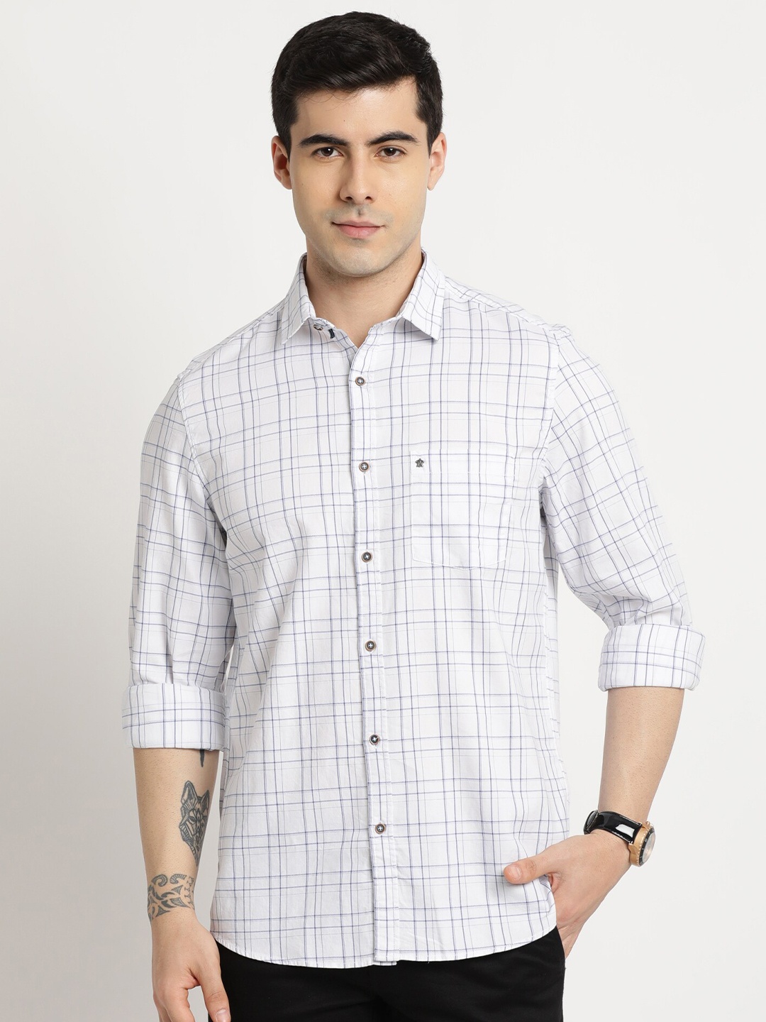 

Turtle Relaxed Slim Fit Grid Tattersall Checked Pure Cotton Casual Shirt, White
