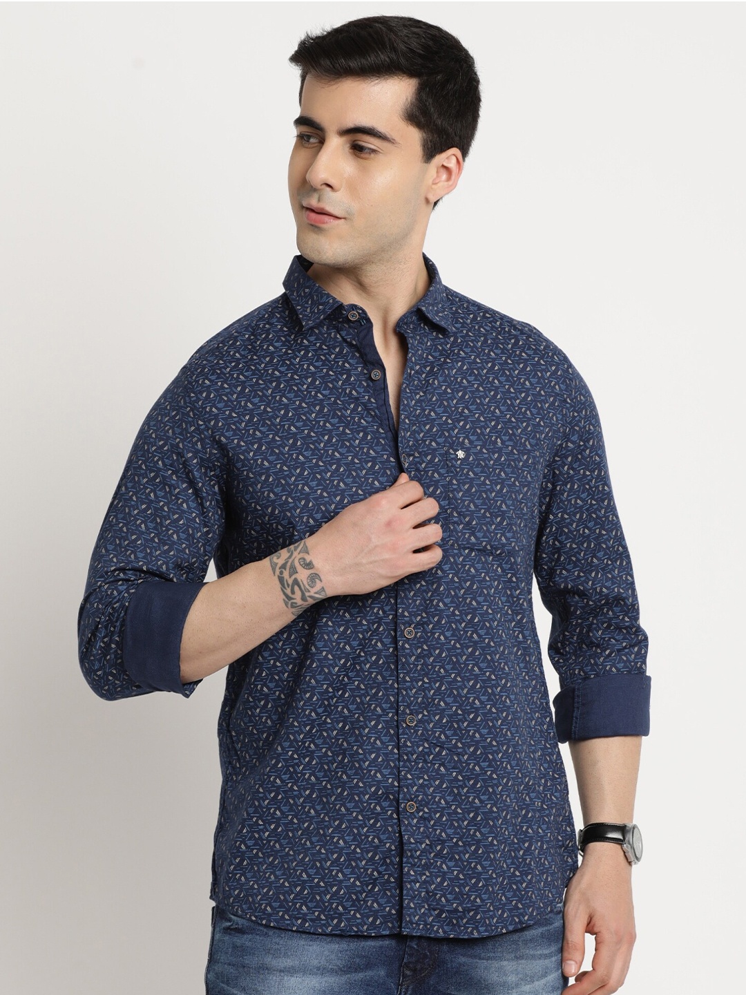 

Turtle Relaxed Slim Fit Geometric Printed Pure Cotton Casual Shirt, Navy blue