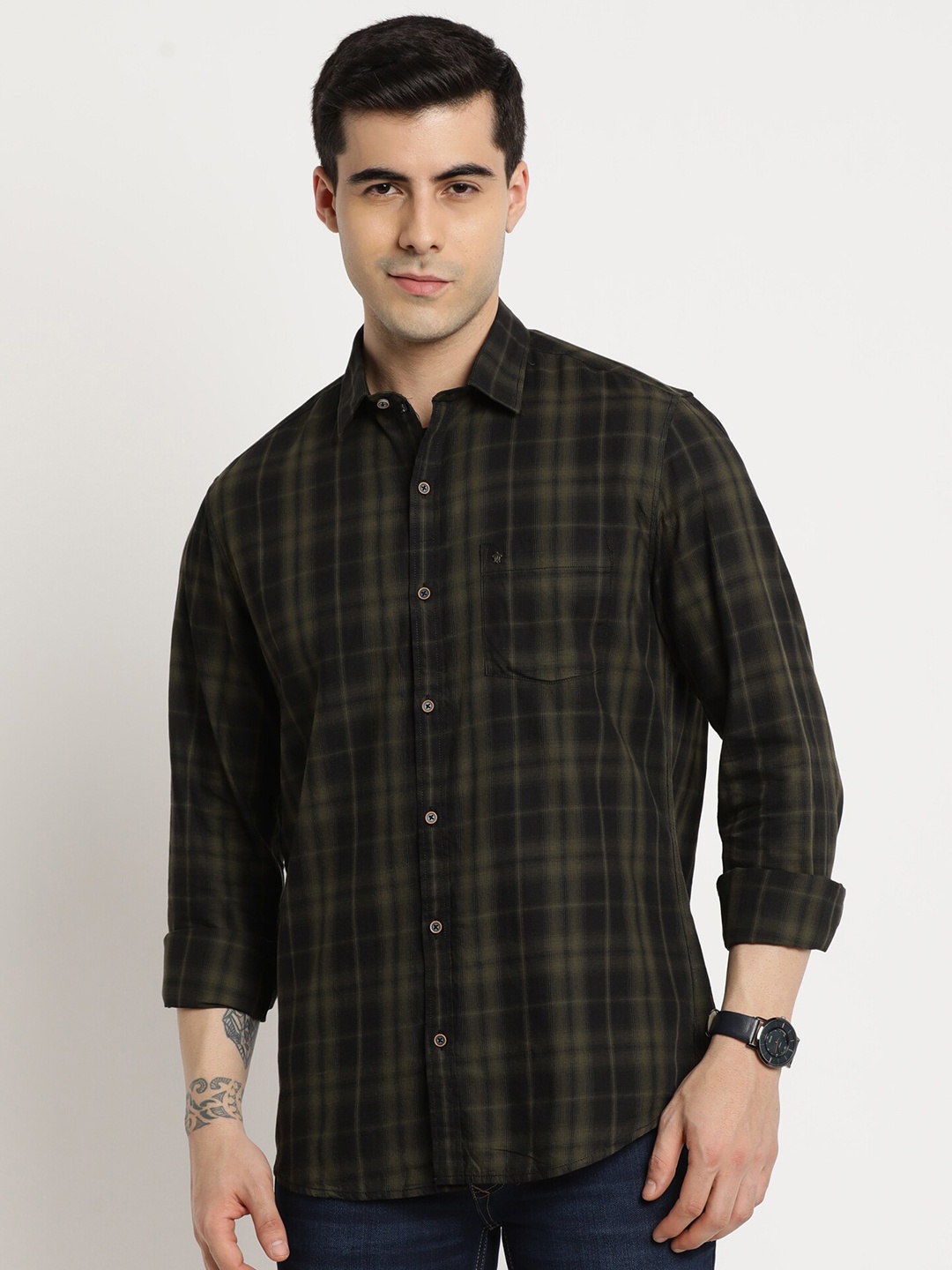 

Turtle Relaxed Slim Fit Tartan Checked Opaque Pure Cotton Casual Shirt, Olive