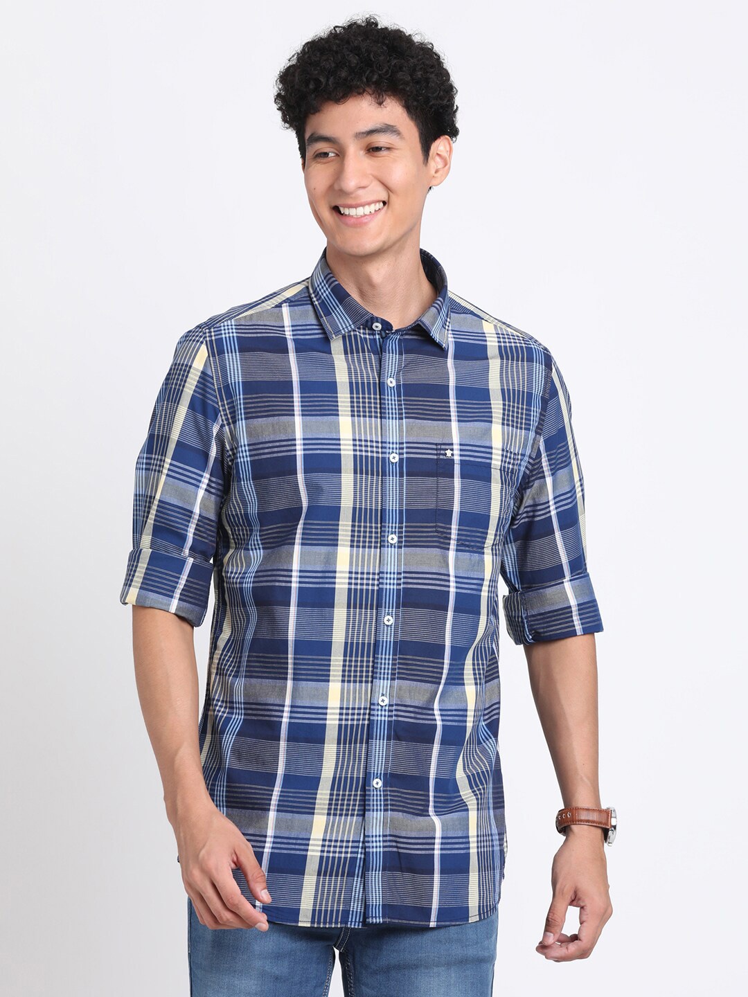 

Turtle Relaxed Slim Fit Opaque Checked Pure Cotton Casual Shirt, Blue