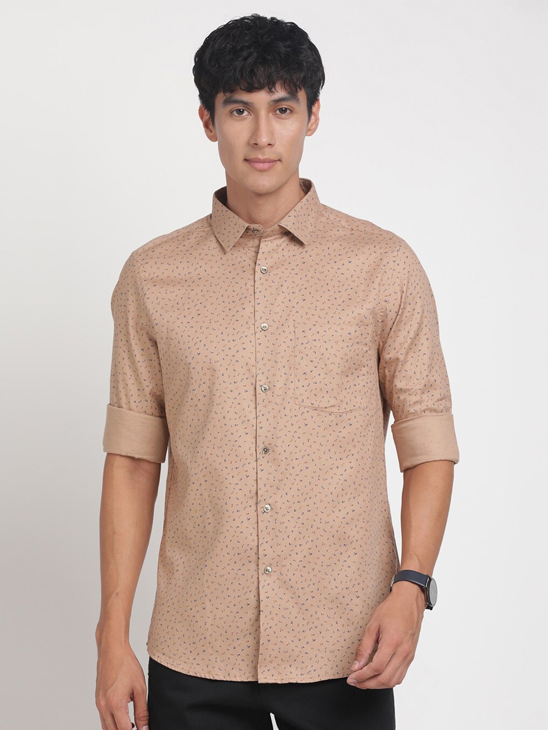 

Turtle Modern Slim Fit Opaque Micro Ditsy Printed Pure Cotton Casual Shirt, Khaki