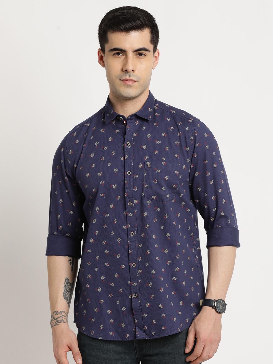 

Turtle Relaxed Slim Fit Opaque Printed Pure Cotton Casual Shirt, Navy blue