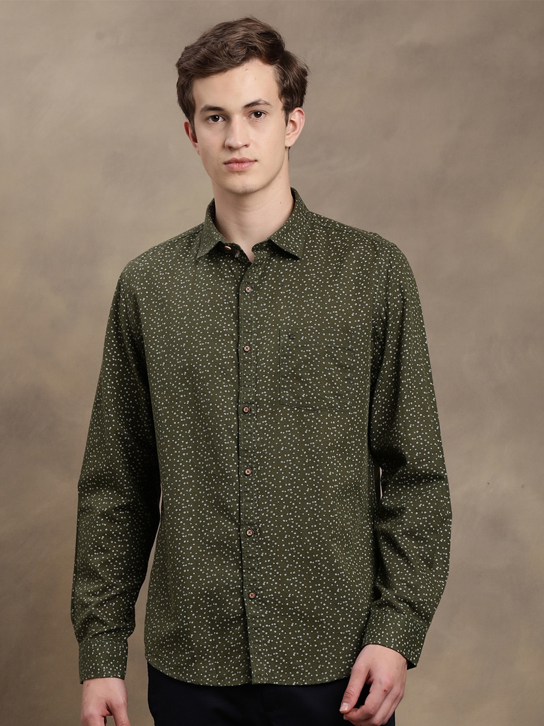 

Turtle Relaxed Slim Fit Opaque Micro Ditsy Printed Cotton Linen Floral Shirt, Olive