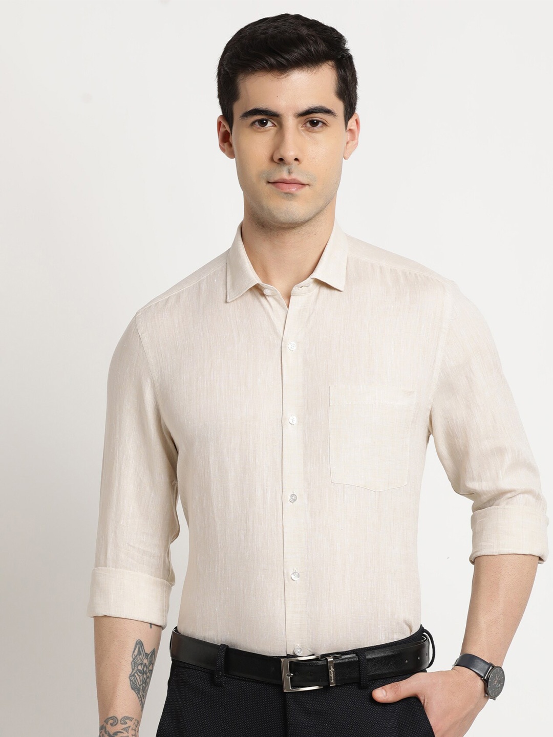 

Turtle Modern Slim Fit Opaque Pure Linen Formal Shirt, Beige