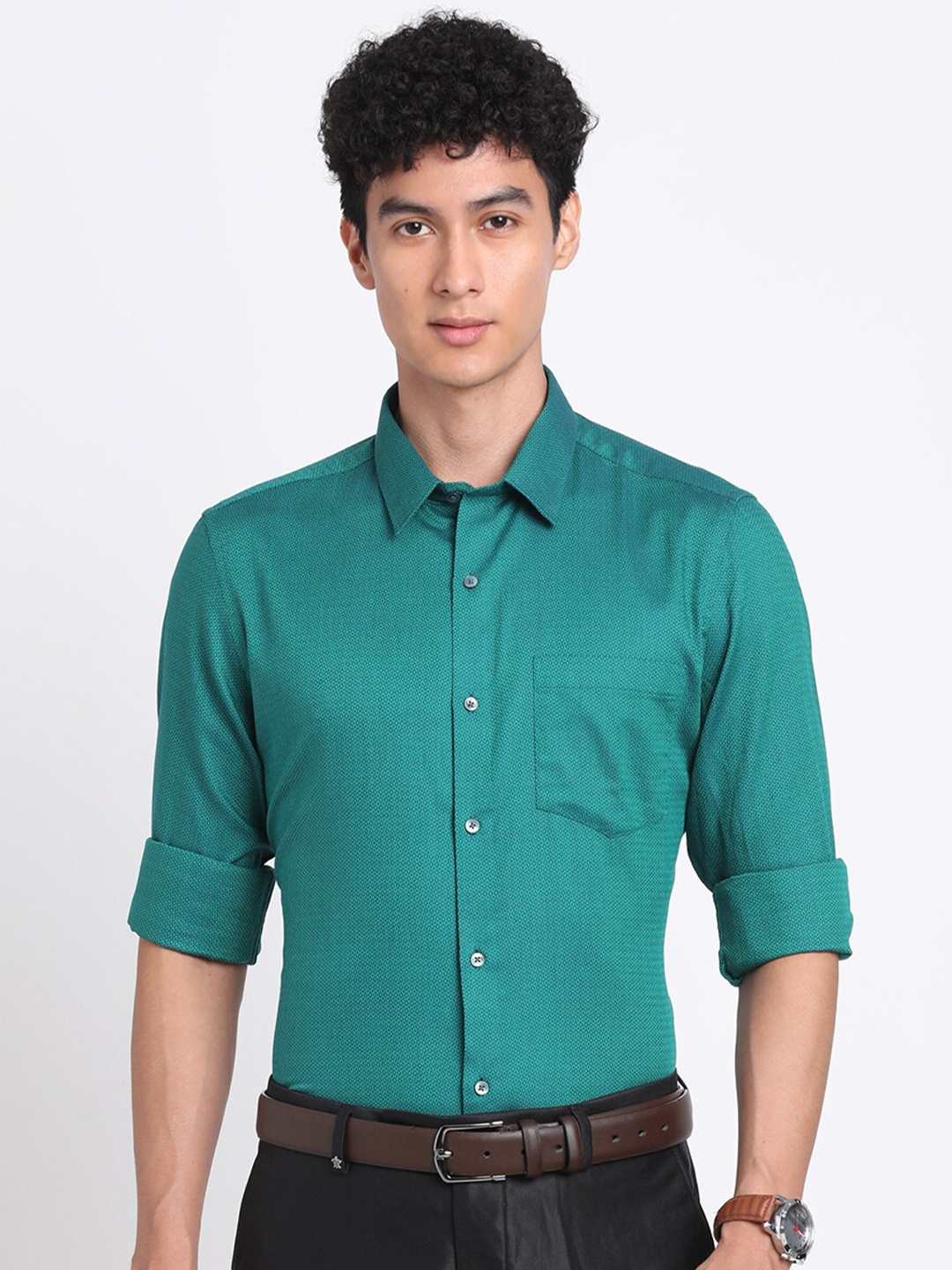 

Turtle Premium Slim Fit Opaque Micro Ditsy Pure Cotton Casual Shirt, Teal