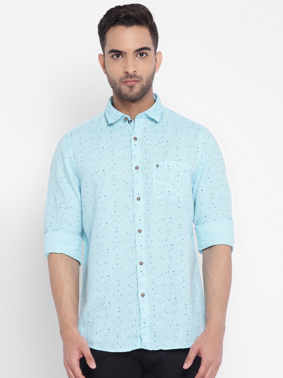 

Turtle Relaxed Slim Fit Micro Ditsy Printed Cotton Linen Casual Shirt, Blue