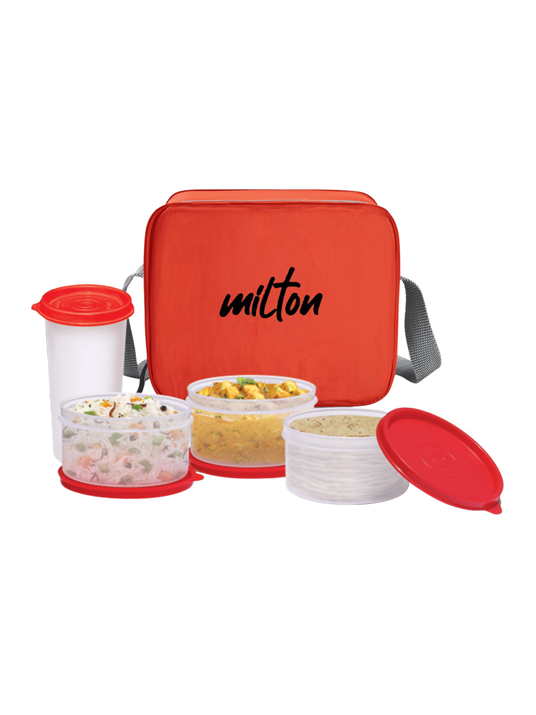 

Milton Meal Fusion Lunch Box Plastic Containers 280 ml Each & Tumbler 400 ml With Jacket, Red