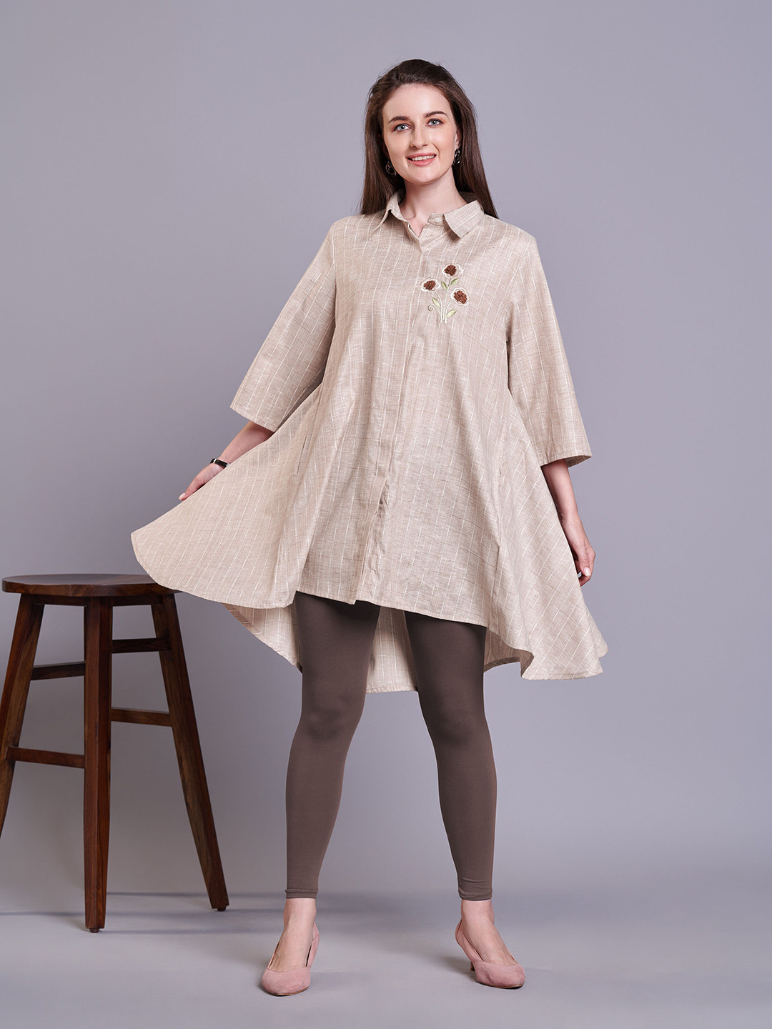 

soan Striped Shirt Collar Embroidered Kurta, Khaki